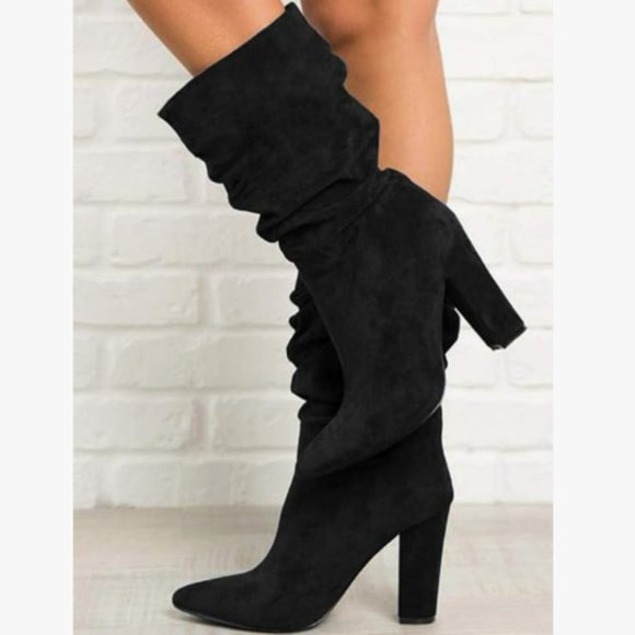 Slouchy Mid Calf Black Faux Suede Boots - Picture 2 of 4